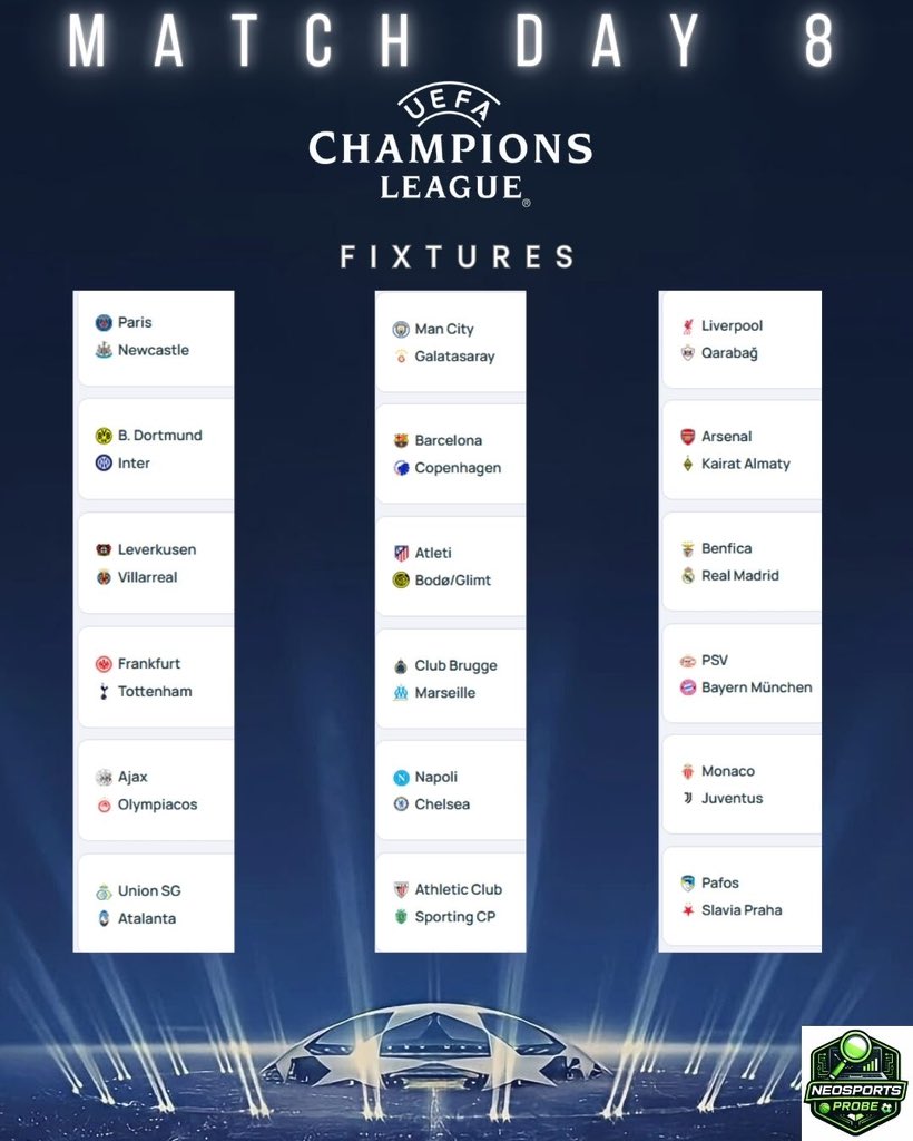 NeoSportsProbe's tweet image. 🚨📰| Road to Matchday 8: Everything Still to Play For

The Champions League phase wraps up tonight and for most teams, nothing is settled yet. With qualification spots still on the line, Matchday 8 is set up for high tension, big moments, and inevitable heartbreaks.

After