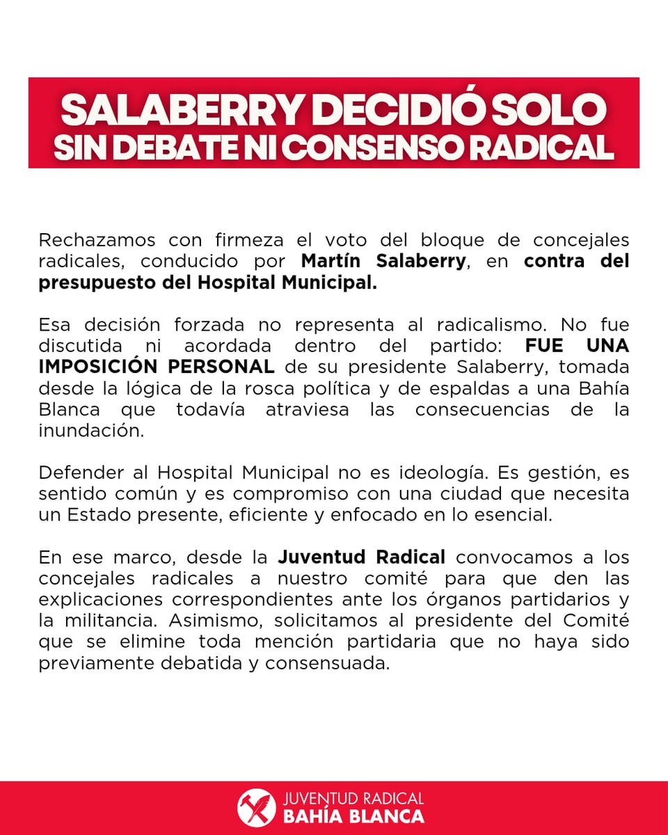 Rechazamos el voto contra el presupuesto del Hospital Municipal.

No fue una decisión de la <a href="/UCRBahiaBlanca/">UCR Bahía Blanca</a> : fue una imposición personal de Salaberry, tomada de espaldas a una Bahía Blanca que todavía sufre las consecuencias de la inundación. ❌🏥