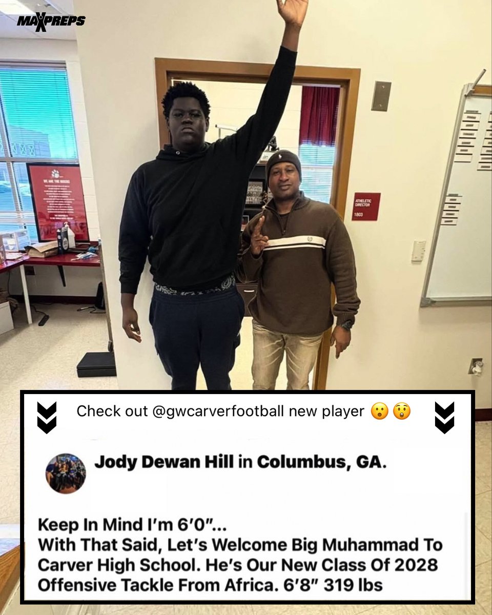 MaxPreps's tweet photo. Carver (GA) adds a 6'8, 319-pound Class of 2028 force in the trenches 👀🏈

(via jody dewan hill/fb) https://t.co/tG9kBnpgC5