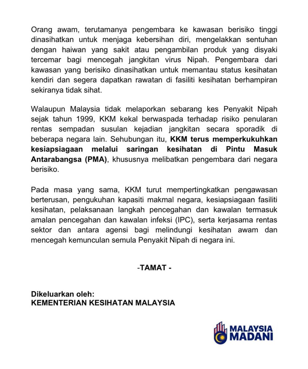 KKMPutrajaya's tweet photo. Kenyataan Media Kementerian Kesihatan Malaysia

Kesiapsiagaan Bagi Menghadapi Risiko Jangkitan Penyakit Nipah Di Malaysia https://t.co/HTu2IeIDDd