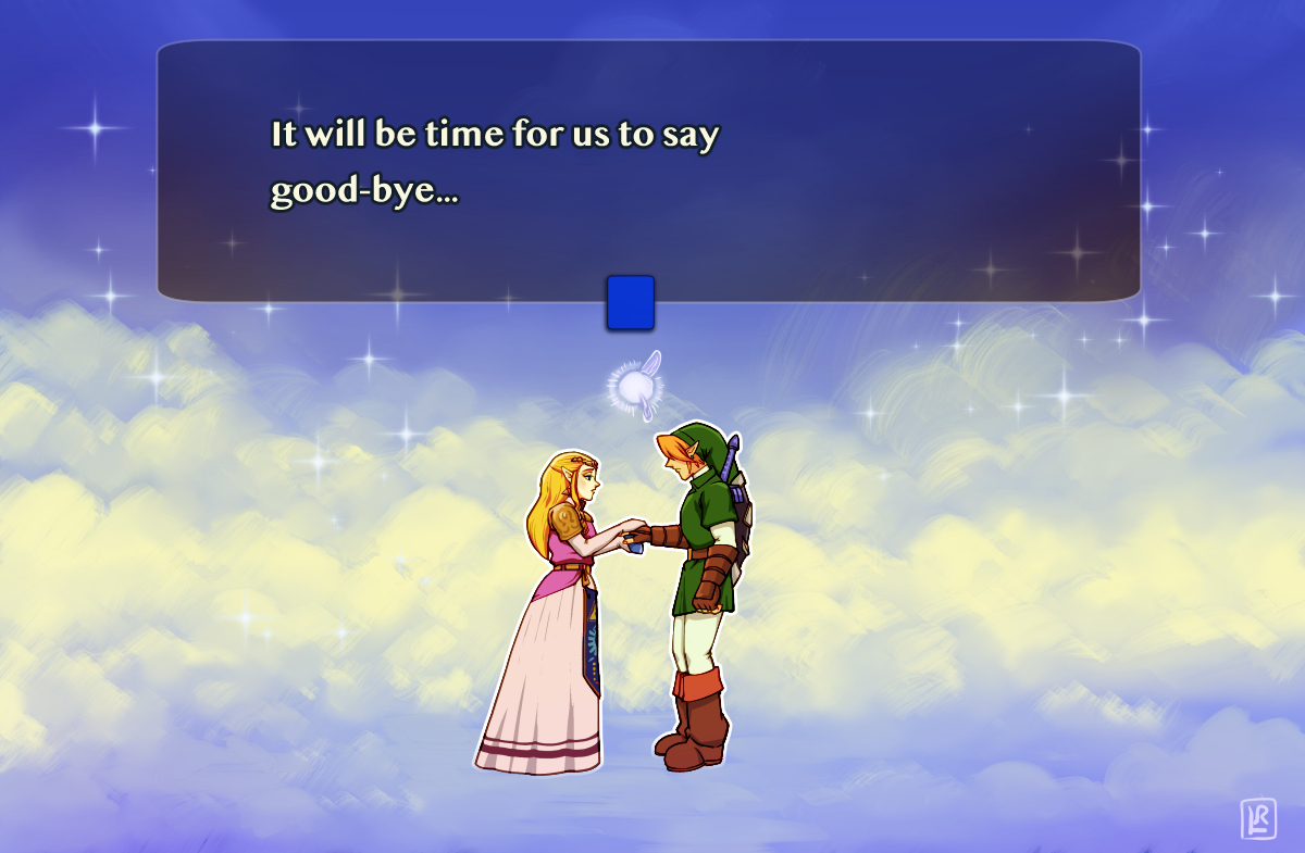 this ending killed me as a kid.  

another redrawing of a zelda screenshot. this time with zelda and link and the saddest ending ever. tried a different style. 

and lots of cloud practice lol
