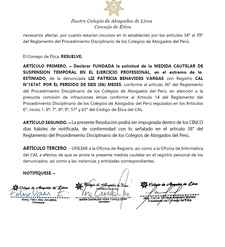 #Urgente Consejo de Ética del Colegio de Abogados de Lima suspende provisionalmente por 6 meses el ejercicio profesional de abogada a la fiscal Patricia Benavides. Se trata de una medida cautelar en el expediente que adelantan por su actuación como fiscal de la Nación en contra