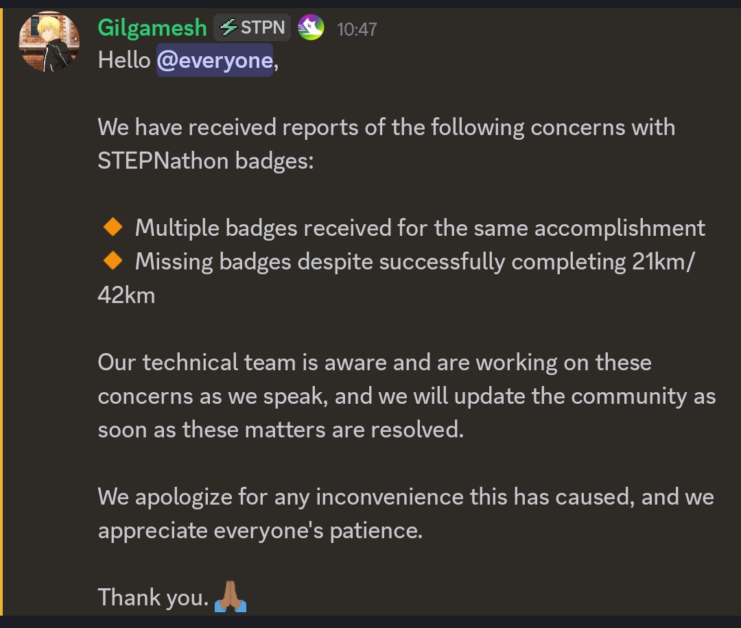 📢 STEPNathonバッジに関してのお知らせ 📢
【原文】
discord.com/channels/89016…

以下の問題が報告されています：

🔸 同一の達成に対して複数のバッジが発行される
🔸 21km/42kmを正常に完了したにもかかわらずバッジが発行されない

現在運営対応中です。

#STEPN 
#STEPNGO 
#STEPNathon