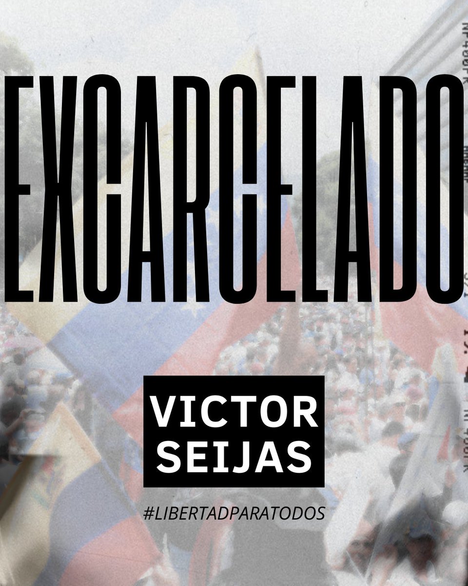#URGENTE | Hasta el momento podemos confirmar la excarcelación de los presos políticos:

Jorge granado 
Víctor Manuel seijas 
Coronel Luis Chirinos
Kevin Leonardo

Las excarcelaciones parciales no son un favor.
Son una obligación del Estado frente a crímenes que nunca debieron