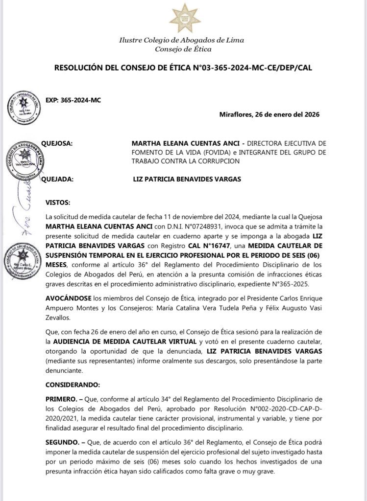 jsudaka's tweet image. 🚨Lo último:
El Colegio de Abogados de Lima suspendió por 6 meses a Patricia Benavides del ejercicio profesional como abogada. 

Es una medida cautelar por haberle mentido a la JNJ al señalar que no interfería con el caso de su hermana al remover a la fiscal Bersabeth Revilla.