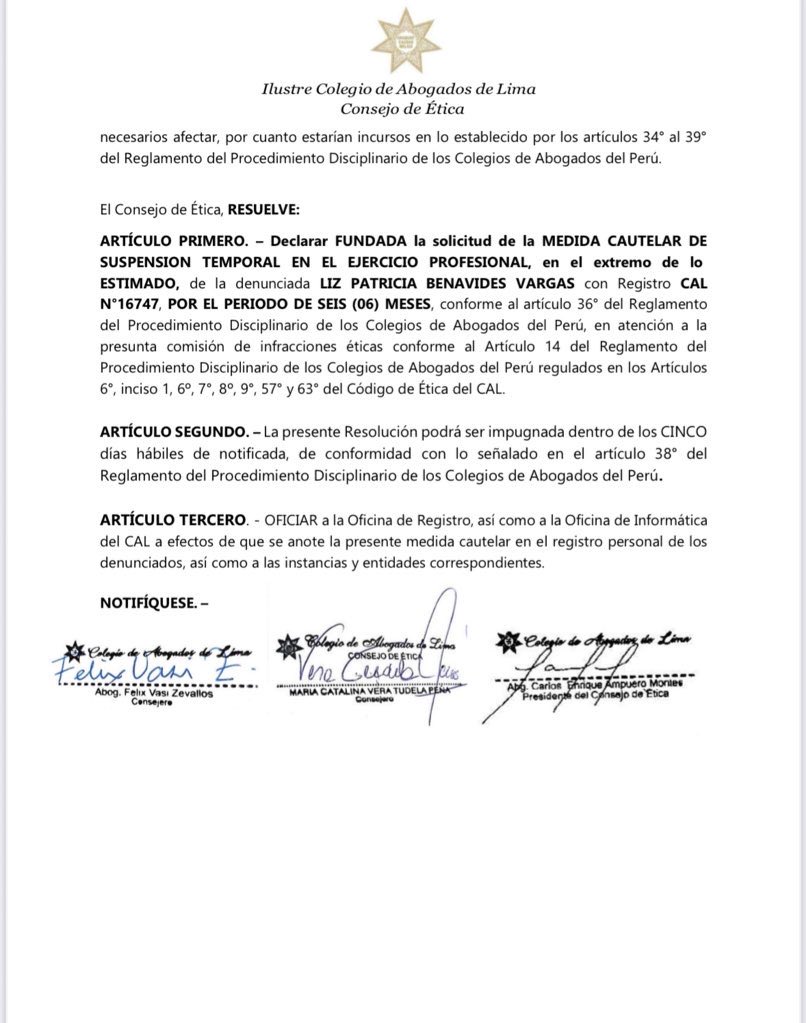 🚨Lo último:
El Colegio de Abogados de Lima suspendió por 6 meses a Patricia Benavides del ejercicio profesional como abogada. 

Es una medida cautelar por haberle mentido a la JNJ al señalar que no interfería con el caso de su hermana al remover a la fiscal Bersabeth Revilla.