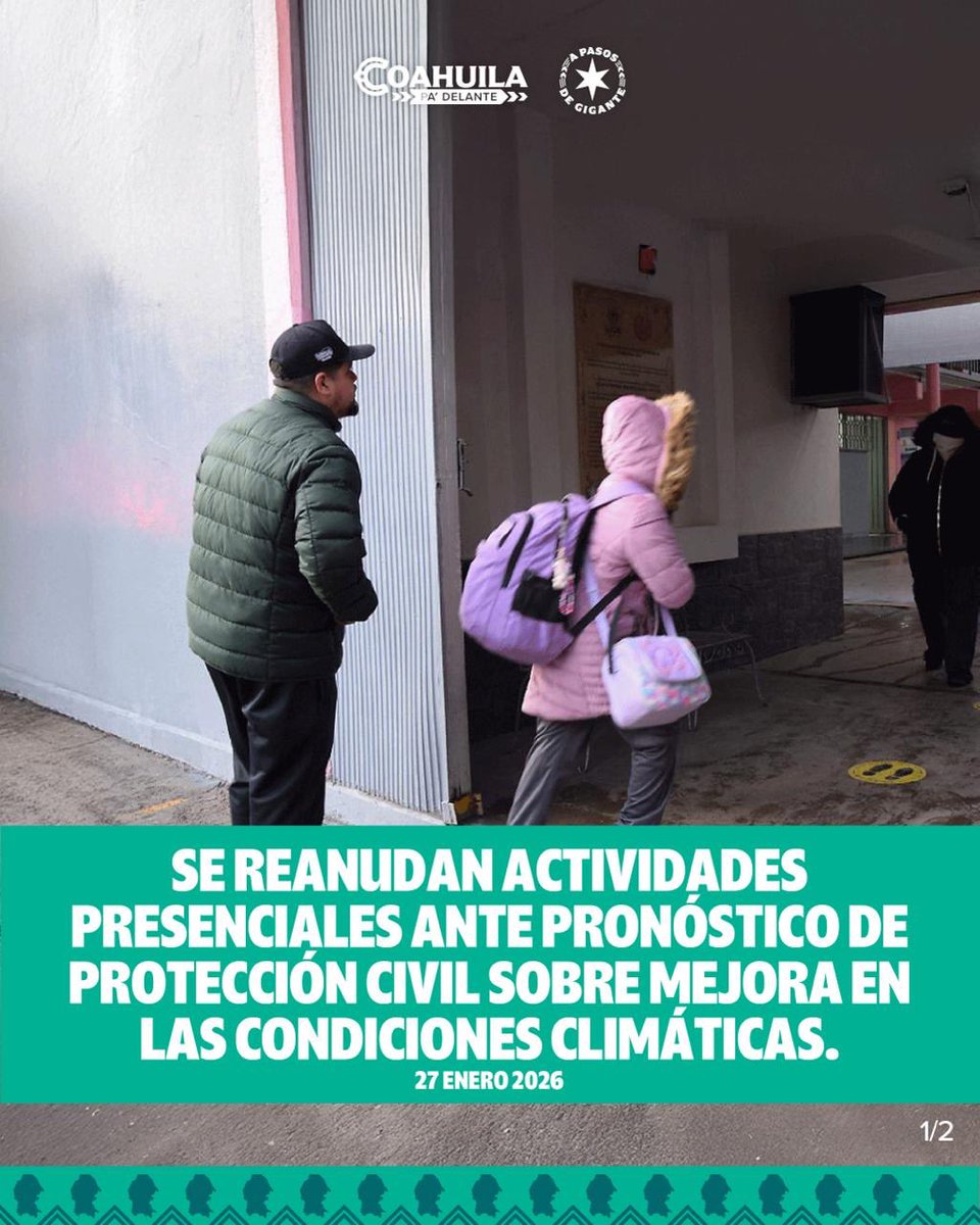 GobDeCoahuila's tweet image. Se reanudan actividades presenciales ante pronóstico de Protección Civil sobre mejora en las condiciones climáticas.

#CoahuilaPaDelante #APasosDeGigante
@manolojim