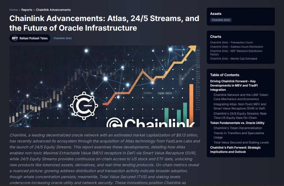 Chainlink (LINK) is quietly becoming core financial infrastructure. Atlas  brings non-toxic MEV & Smart Value Recapture. 24/5 Equity Streams unlock  real-time TradFi data on-chain. This report by @arch_physicist breaks down  why LINK