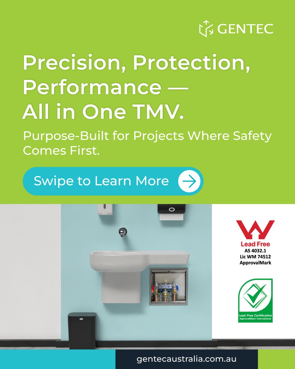 GentecAustralia's tweet photo. Lead Free, Health-Ready, Built to Perform.

From hospitals to NABERS-rated buildings, every detail matters when selecting a Thermostatic Mixing Valve (TMV). 
Browse our FLOMIX Lead Free TMV range: https://t.co/0pgizwTMpa https://t.co/DccmB46Fbr