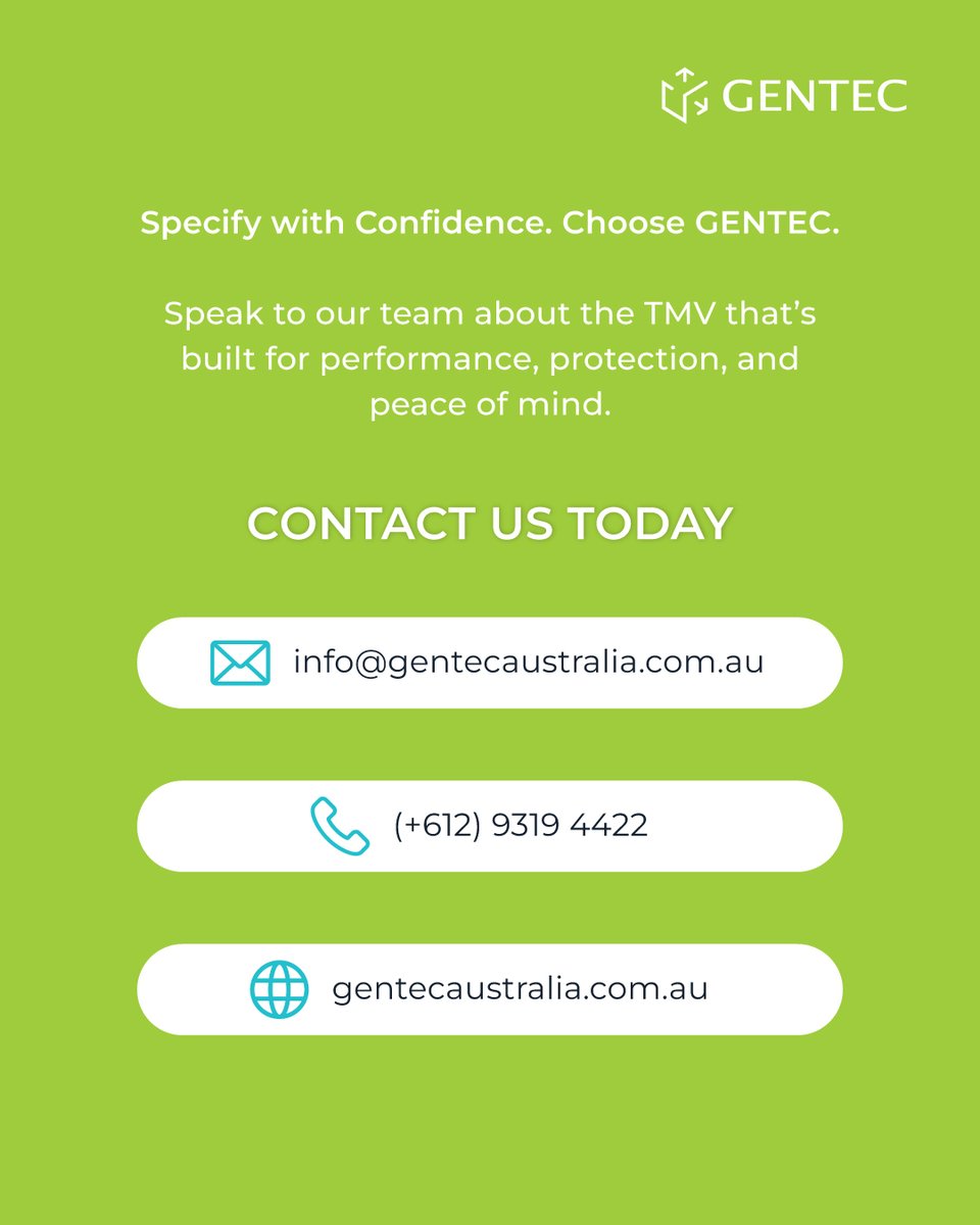Lead Free, Health-Ready, Built to Perform.

From hospitals to NABERS-rated buildings, every detail matters when selecting a Thermostatic Mixing Valve (TMV). 
Browse our FLOMIX Lead Free TMV range: gentecaustralia.com.au/product-catego…