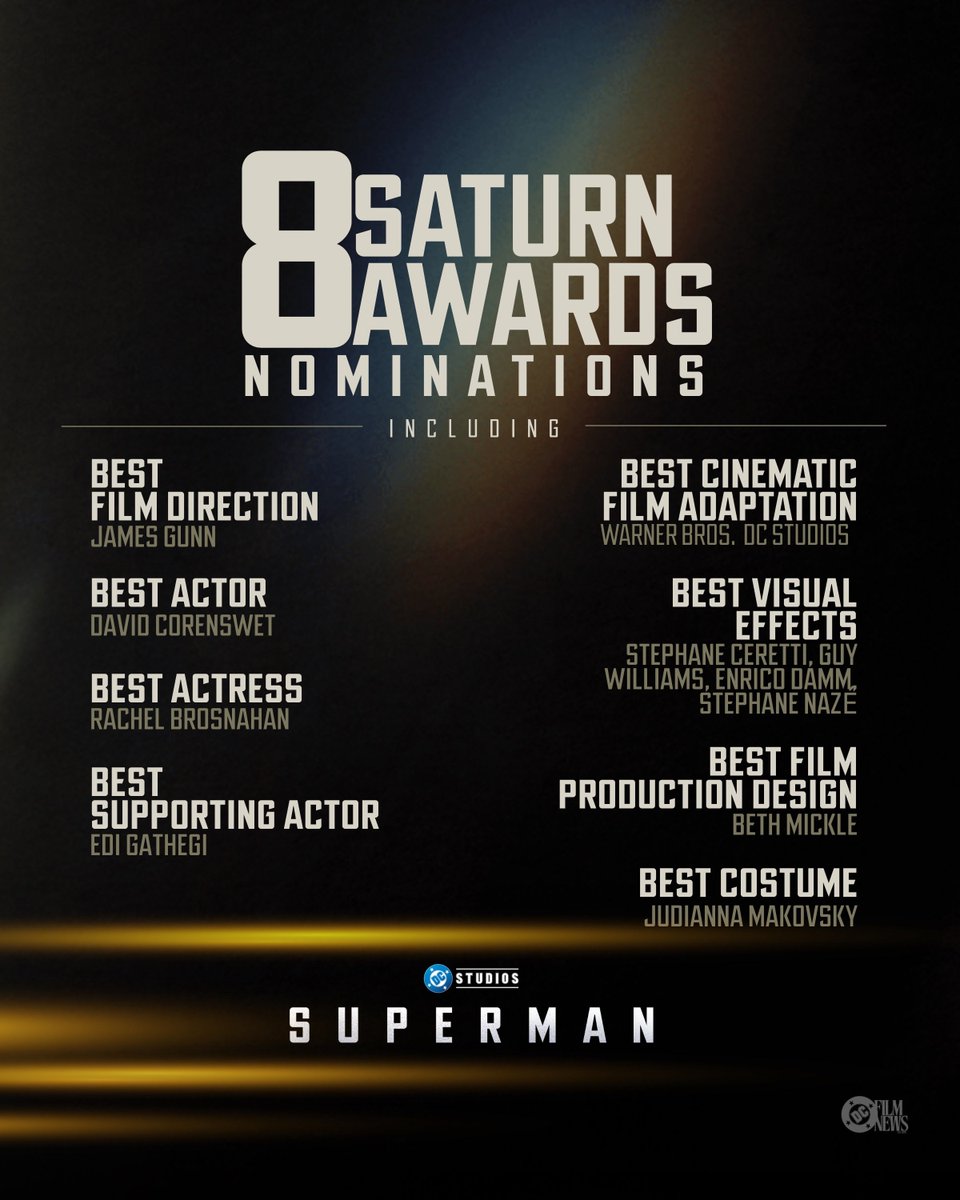 DCFilmNews's tweet photo. Congratulations! ‘SUPERMAN’ landed 8 Saturn Awards nominations, including:

• Best Film Direction - James Gunn
• Best Actor - David Corenswet
• Best Actress - Rachel Brosnahan
• Best Supporting Actor - Edi Gathegi
• Best Cinematic Film Adaptation https://t.co/d2Cu4ilfxy