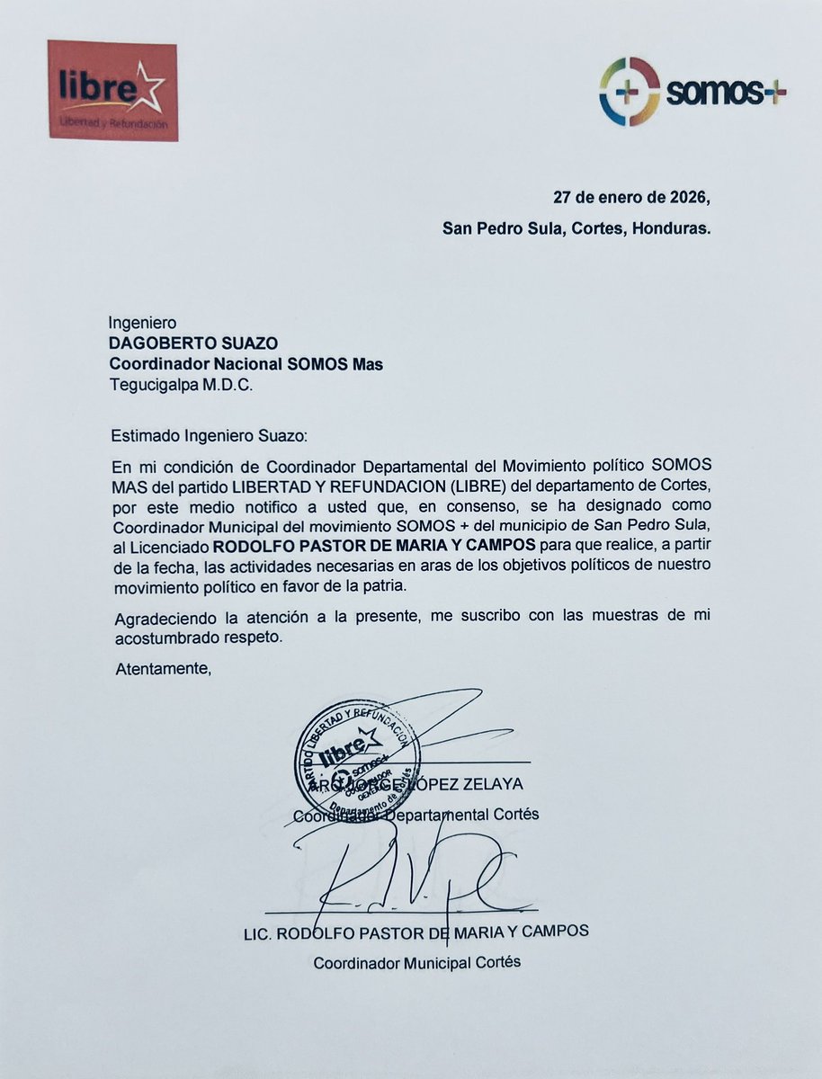 Agradezco 🙏🏻 el honor que me permite el movimiento <a href="/SomosMasHn/">Somos+</a> para coordinar el esfuerzo colectivo que desde el <a href="/PartidoLibre/">Partido Libre</a> comenzamos ya para organizar las estructuras y articular las alianzas con las que recuperaremos a una San Pedro Sula para bien de todos. Al trabajo 💪🏾💪🏾!