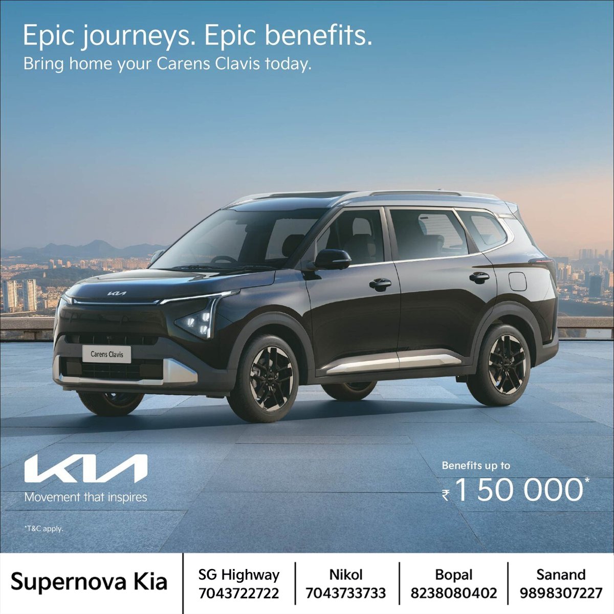 SupernovaKia's tweet photo. Epic journeys begin with epic benefits. 

The Kia Carens Clavis brings you 3-row comfort, advanced safety features and intuitive technology at your fingertips, now with benefits of up to ₹1 50 000*. 

Visit Supernova Kia today.

#Kiaindia #Supernovakia #Carensclavisev #Ahmedabad https://t.co/5h5oxLzQ62