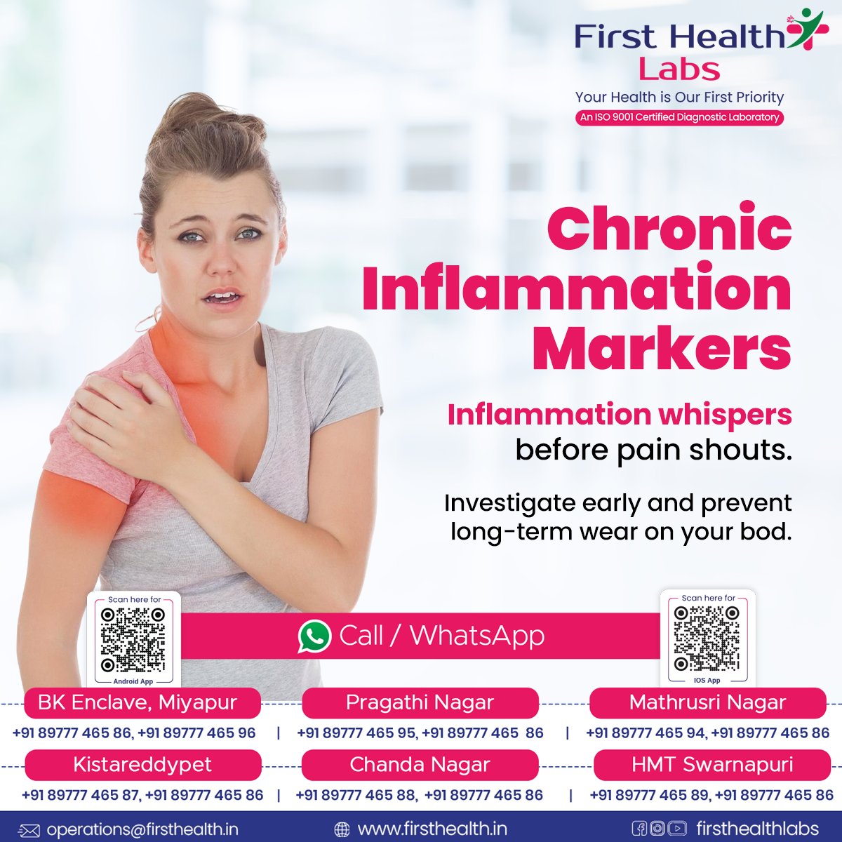 firsthealthlabs's tweet image. Silent inflammation can harm your body before symptoms show.
Detect chronic inflammation early and protect your long-term health with First Health Labs.

📞 +91 89777 46586 | 🌐 firsthealth.in

#FirstHealthLabs #ChronicInflammation #EarlyDetection #PreventiveHealthcare