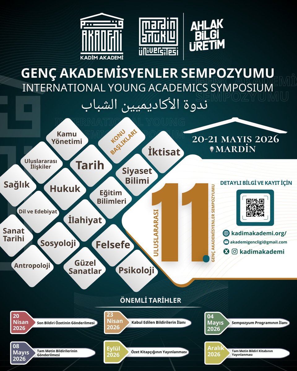 kadimakademi's tweet photo. 🎓🌍 11. ULUSLARARASI GENÇ AKADEMİSYENLER SEMPOZYUMU

Kadim Akademi tarafından, Mardin Artuklu Üniversitesi ev sahipliğinde düzenlenen
11. Uluslararası Genç Akademisyenler Sempozyumu,
📅 20-21 Mayıs 2026 tarihlerinde
📍 Mardin Artuklu Üniversitesi / Mardin
💻 Çevrimiçi & Yüz Yüze katılım seçenekleriyle gerçekleştirilecektir.

Genç akademisyenlerin bilimsel üretimlerini paylaşmalarına, disiplinler arası etkileşimi güçlendirmelerine ve uluslararası akademik ağlarını geliştirmelerine katkı sunmayı amaçlayan sempozyumumuzda sizleri de aramızda görmekten onur duyarız.

🌐 Ulusal ve uluslararası akademik çevrelerden birçok değerli araştırmacının katılımıyla gerçekleşecek bu bilimsel buluşmanın, kalıcı akademik iş birliklerine zemin hazırlayacağına inanıyoruz.

📚 KONU BAŞLIKLARI

🧠 Felsefe 📖 Tarih ⚖️ Hukuk 🏛️ Siyaset Bilimi 💰 İktisat 🏢 Kamu Yönetimi 🌍 Uluslararası İlişkiler 🧑‍🏫 Eğitim Bilimleri 🕌 İlahiyat 🧬 Psikoloji 👥 Sosyoloji 🎭 Güzel Sanatlar 🏺 Sanat Tarihi 🗣️ Dil ve Edebiyat 🧭 Antropoloji 🩺 Sağlık ➕ ve ilgili diğer akademik alanlar

11. Genç Akademisyenler Sempozyumu Kitapçık 
 🔗 https://t.co/pflHQ7G0aC
 
DETAYLI BİLGİ İÇİN; 

🌐 https://t.co/DLAJDWqweB

@ibrahimozcosar 
@DrAhmetKygl 
@mardinartuklu