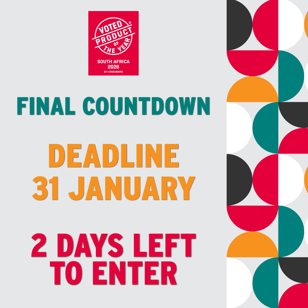 PoYAwards's tweet image. ⏰ Final countdown: 2 days left to enter #ProductOfTheYear 2026
Entries close 31 Jan.
Put your #Innovation in the spotlight &amp;amp; turn shopper trust into sales growth.
Winners get visibility, PR exposure, logo usage &amp;amp; a Kantar insights report.

👉 Enter now: productoftheyear.co.za/enter/