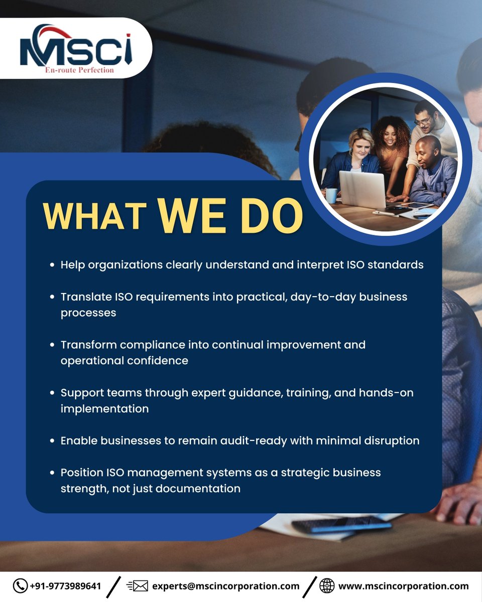 MSCincorp's tweet photo. ❓ What Do We Do?

We help organizations make ISO standards clear, practical, and useful for everyday business.

#MSCi #ISOConsultancy #WhatWeDo #ISOStandards #ISOImplementation #BusinessImprovement #AuditReady #OperationalExcellence #ManagementSystems #ContinualImprovement https://t.co/rGxVR7Hjsd