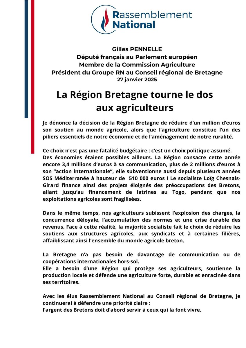 Le Conseil Régional de Bretagne, dirigé par la gauche, finance des actions à l'international, subventionne, avec des sommes considérables, l'association immigrationniste SOS-Méditerranée...mais réduit, en pleine crise, d'un million d'euros les aides aux agriculteurs bretons!