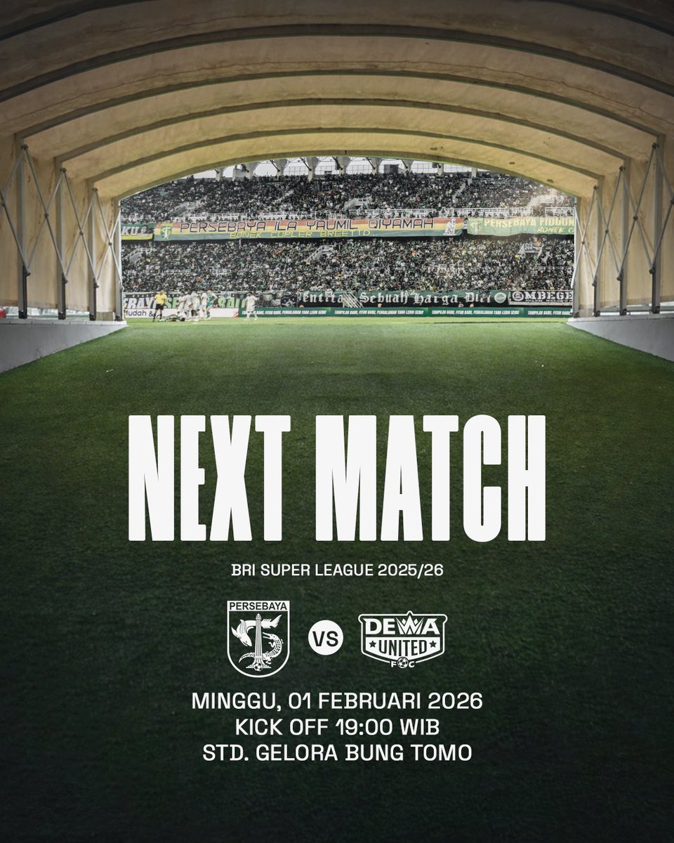 Next Match 
Persebaya vs Dewa United 
1 Februari 2026
Open Gate 16.00 WIB

AYO HIJAUKAN GBT

#Persebaya #Persebayauntuksemua