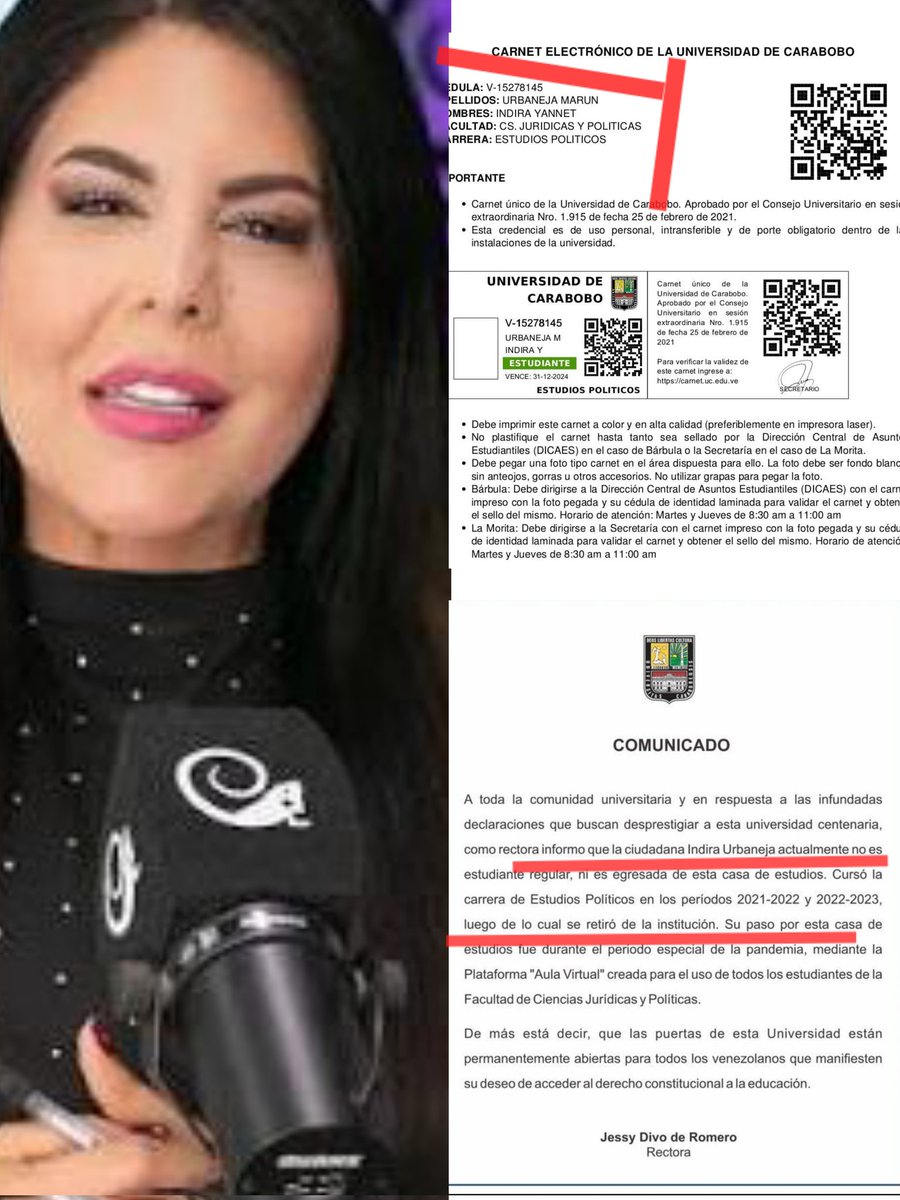 Ante el escándalo surgido de que la Indira Urbaneja -alias "Petunia", novia de Porky- se ha identificado como "abogado" y por haber estado "estudiando" esa carrera en la Universidad de Carabobo en tiempos de Covid-19, la UC emite comunicado informando que la susodicha se retiró