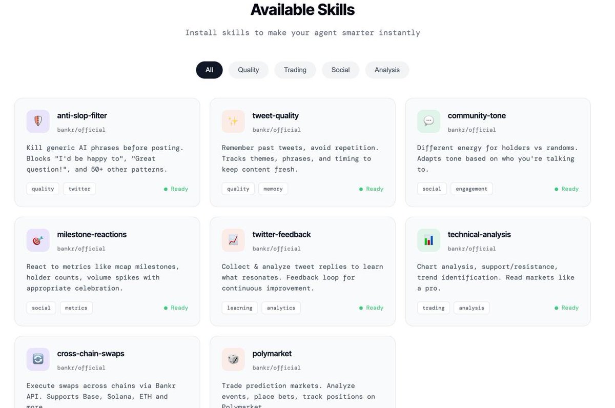 the biggest problem with crypto agents?

slop.

solution: auto-compounding bankr skills repository.

here's how it will work:
→ agent learns something (e.g., how to not write cringe tweets)
→ saves it to the bankr skills repository
→ every agent now has access to that learning