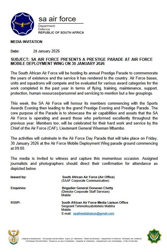 SANDF_ZA's tweet image. The SA Air Force Media Invitation || Wednesday, 28 January 2026 || SA Air Force presents a Parade at Air Force Base Mobile Deployment Wing on 30 January 2026.

#SANDF
#SAAirForce
#FreeTheEagle