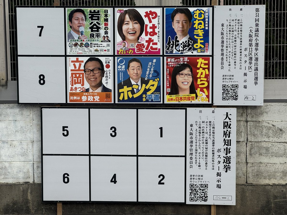 reiwayuki018110's tweet image. 府知事選ポスター無し。
吉村知事には仲間の小選挙区候補がいるのだから、「ついででも」貼れる訳だ。それにもかかわらずポスター無し💢！
貼りもしないのに府内全域に掲示板立てさせてやで！なめとるやないの、ほんまに。
やまだかつてこれほどの茶番があったか？