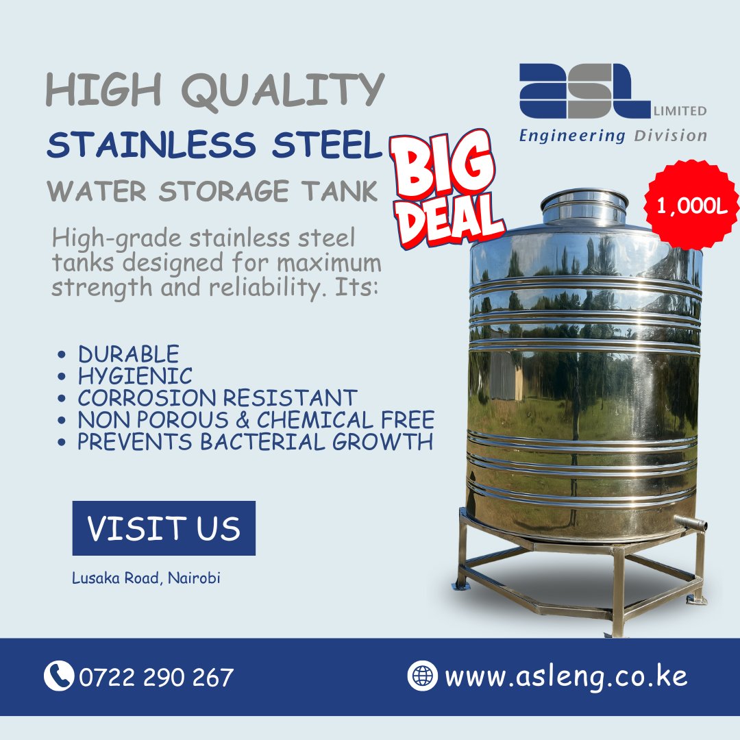 EngineeringAsl's tweet photo. 1,000L stainless steel water storage tanks designed for durability, hygiene, and long-term performance.

Available at ASL Engineering Lusaka Road Showroom
WhatsApp: https://t.co/XiOmOiE66a
Visit us on Lusaka Road | 0722 290 267
#ASLEngineering #WaterStorage #StainlessSteelTank https://t.co/LHmslDn1Ye
