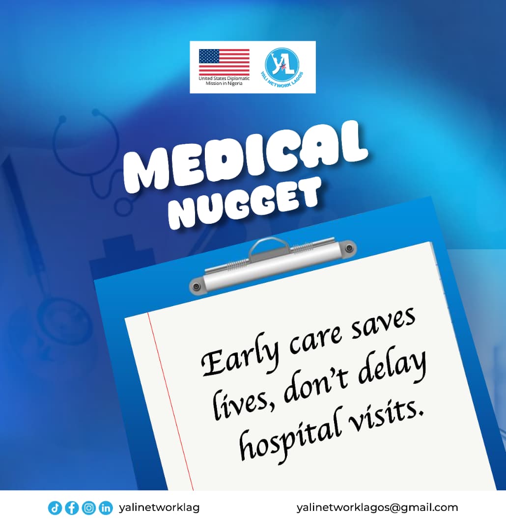 yalinetworklag's tweet image. Delay can turn a simple condition into a serious one.
Don’t wait until it gets worse, seek medical care early.

#yourhealthmatters
#preventionisbetterthancure
#ourYALI
#YALINetworkLagos