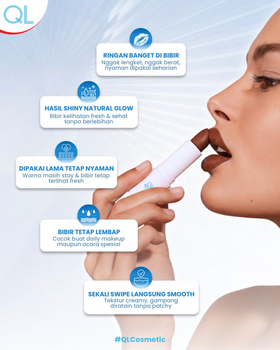 Sekali swipe langsung kerasa bedanya 💋
Ringan, lembap, dan bikin bibir glowing natural.

QL Shining Lipstick, nyaman dipakai seharian!

#QLCosmetic #ShinyLips #MakeupDaily #KosmetikIndonesia #QLShiningLipstick
