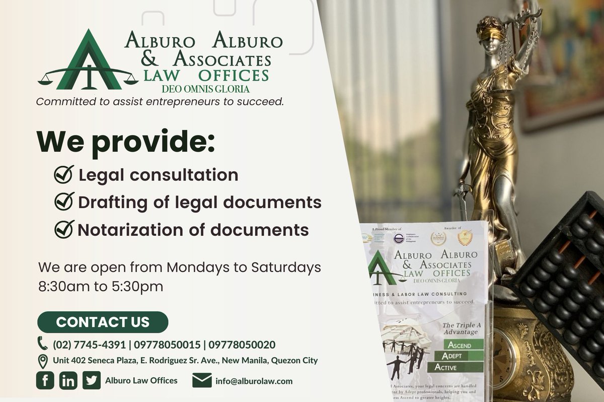 alburolaw's tweet photo. Alburo Law is providing the following legal services:

Contact us via:
📞 (02) 7745-4391
📱  09778050020 | 09171545681 | 09778050015
📩 info@alburolaw.com | ebdenaga@alburolaw.com
#legalconsultation #notarypublic #notary #legaldocument #lawyer #quezoncitylawyer https://t.co/PcAvb5Kewh