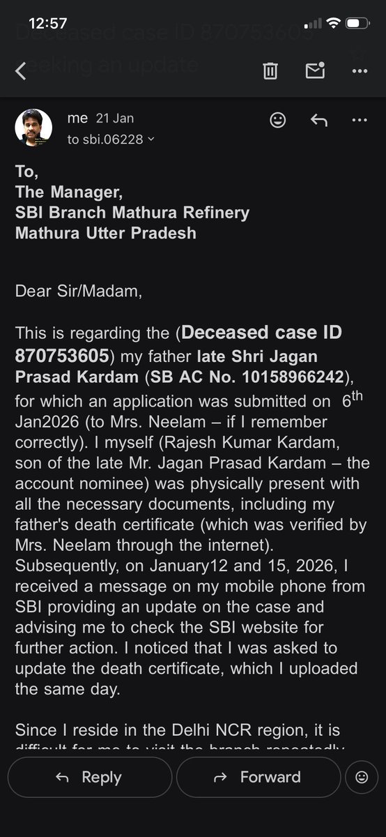 editorVB's tweet photo. @OfficialSBICare not greeting support from @TheOfficialSBI to settlement of Deceased ID 870753605 of my father Late sh.Jagan Prasad Kardam (SB AC 10158966252). case filled on 06Jan26 required documents submitted along with death certificate, @RBI  guidelines says 15days. pls help https://t.co/pics88I44B