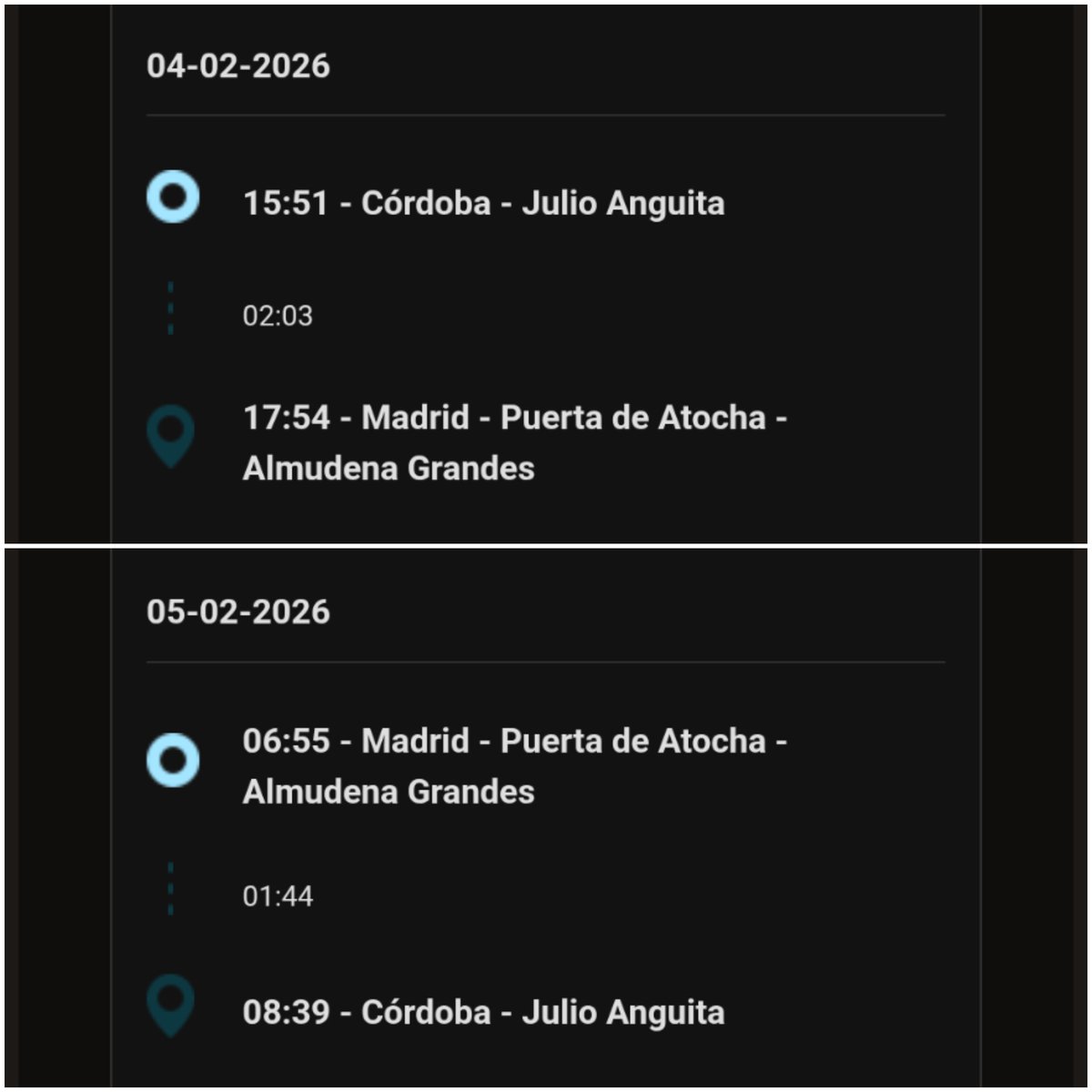 Vendo billetes de tren Ouigo muy baratos. 
Día 4 de febrero Córdoba - Madrid
Día 5 de febrero Madrid - Córdoba