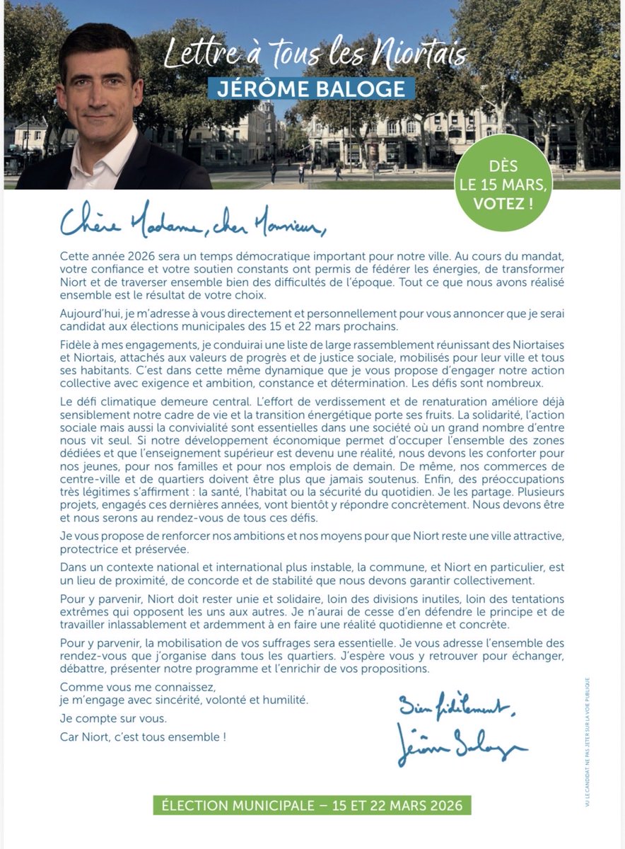 📬 La Lettre aux Niortais, document de lancement de la campagne municipale de mars 2026, a été distribuée dans toutes les boîtes aux lettres de Niort.

👉 Inauguration de la permanence de campagne ce soir à 18h30, 114 rue de la Gare.
#NiortCestTousEnsemble !