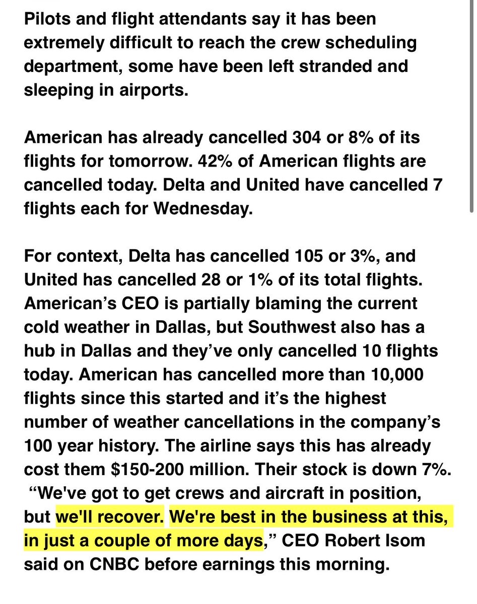 Breaking: American Airlines is offering flight attendants double pay to work Wednesday as the airline struggles with more than 10,000 cancellations from the storm. Pilots are being offered 5 hours of extra pay. AA has cancelled 8% of flights tomorrow and has lost $150-200 million