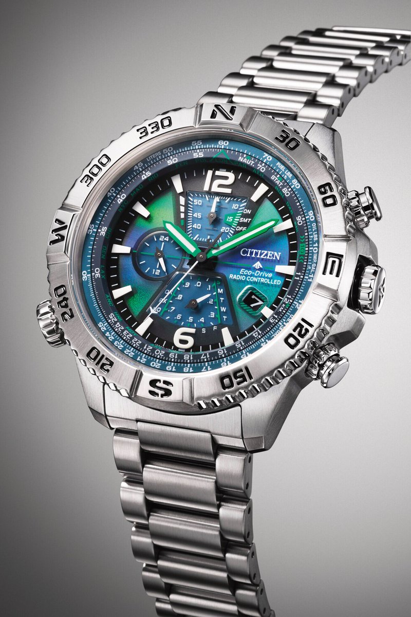 WatchesCitizen's tweet image. ✈️ CITIZEN PROMASTER Sky AT8220-55W – Eco-Drive, radio-controlled, chronograph &amp;amp; world time. Blue-green dial, slide-rule bezel, sapphire crystal. Precision for every journey. #PROMASTER