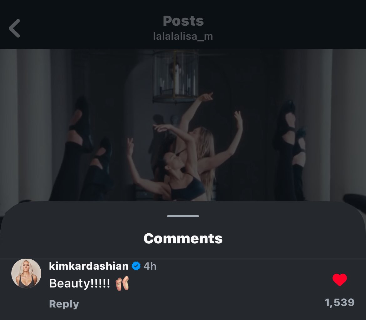 .<a href="/KimKardashian/">Kim Kardashian</a> liked &amp; commented:

“Beauty!!!!! 🩰”

 <a href="/wearelloud/">LLOUD</a> <a href="/Nike/">Nike</a> <a href="/skims/">SKIMS</a> 

#LISAxNikeSKIMS
#LISAxNIKE