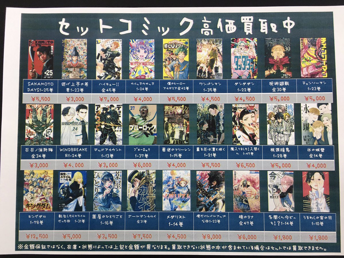 こんにちは😊 #ブックエコ中間店 です セットコミック高価買取表を更新