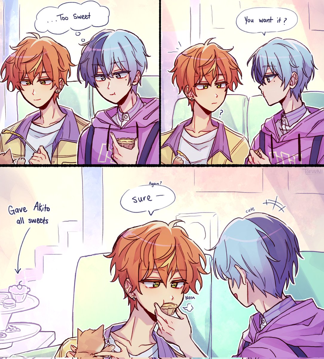 huge sweet tooth akito .. noticed that hes always eating smth sweet in both toya6 cards

#prsk_FA