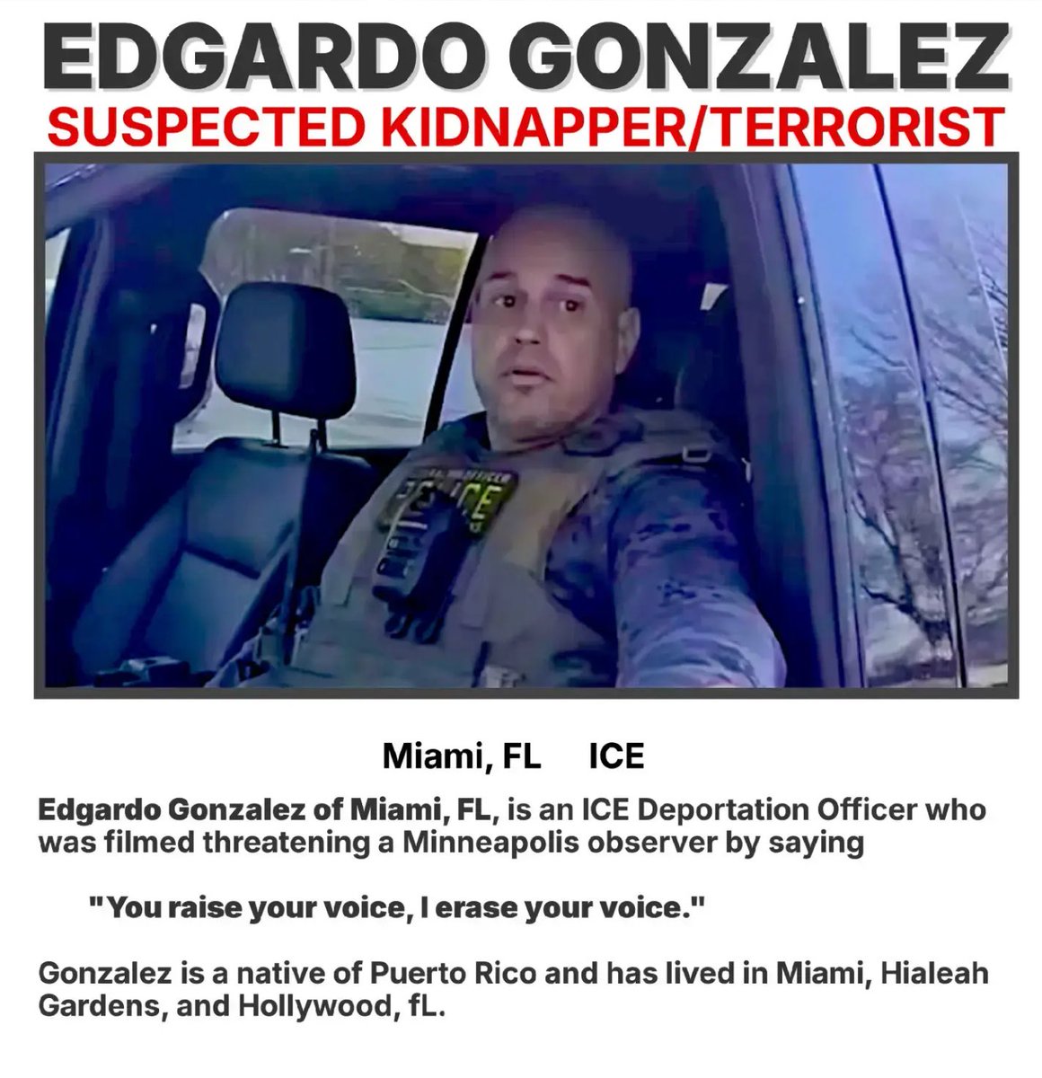 NotAvgLiberal's tweet image. “You raise your voice…”
“I erase your voice”

ICE Nazi - Edgar Gonzales.