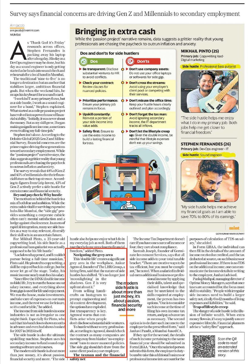 ankur_lhr's tweet photo. Got quoted in @livemint today on GenZ and its approach to Side Gigs!

One important thing that the article doesn't mention - is that a lot of young folks do the side gigs to figure out they actually want to do in life.

This is something i always advocate - try different things till you find what you want to do forever! 
Even if its not great money at first, if you are passionate enough to give your all to it, money will follow!