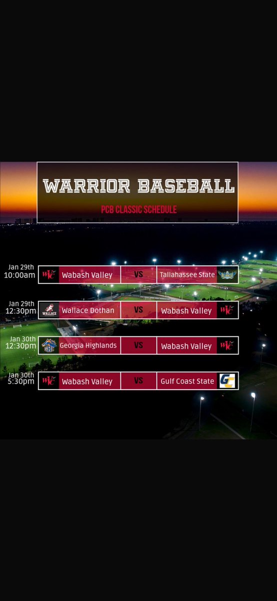 WVCBaseball's tweet image. 🚨Schedule Update🚨
Warriors will open up the 2026 season at the PCB Classic
#TheBash X #WarriorWay