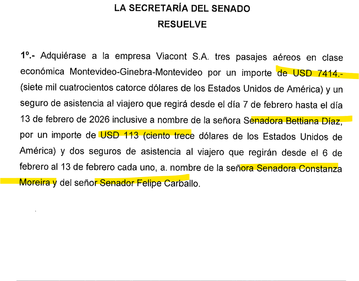 SENADORES: Los uruguayos tenemos que pagarle los pasajes para que vayan a SUIZA en febrero para presentación  ORAL los días 10 y 11 de FEBRERO

TOTAL 18.866 USD

BETTIANA DIAZ  2471 + 113 + 3334
CONSTANZA MOREIRA 2471+113+3890
FELIPE CARBALLO 2471+113+3890
Pasaje+Seguro+Viático