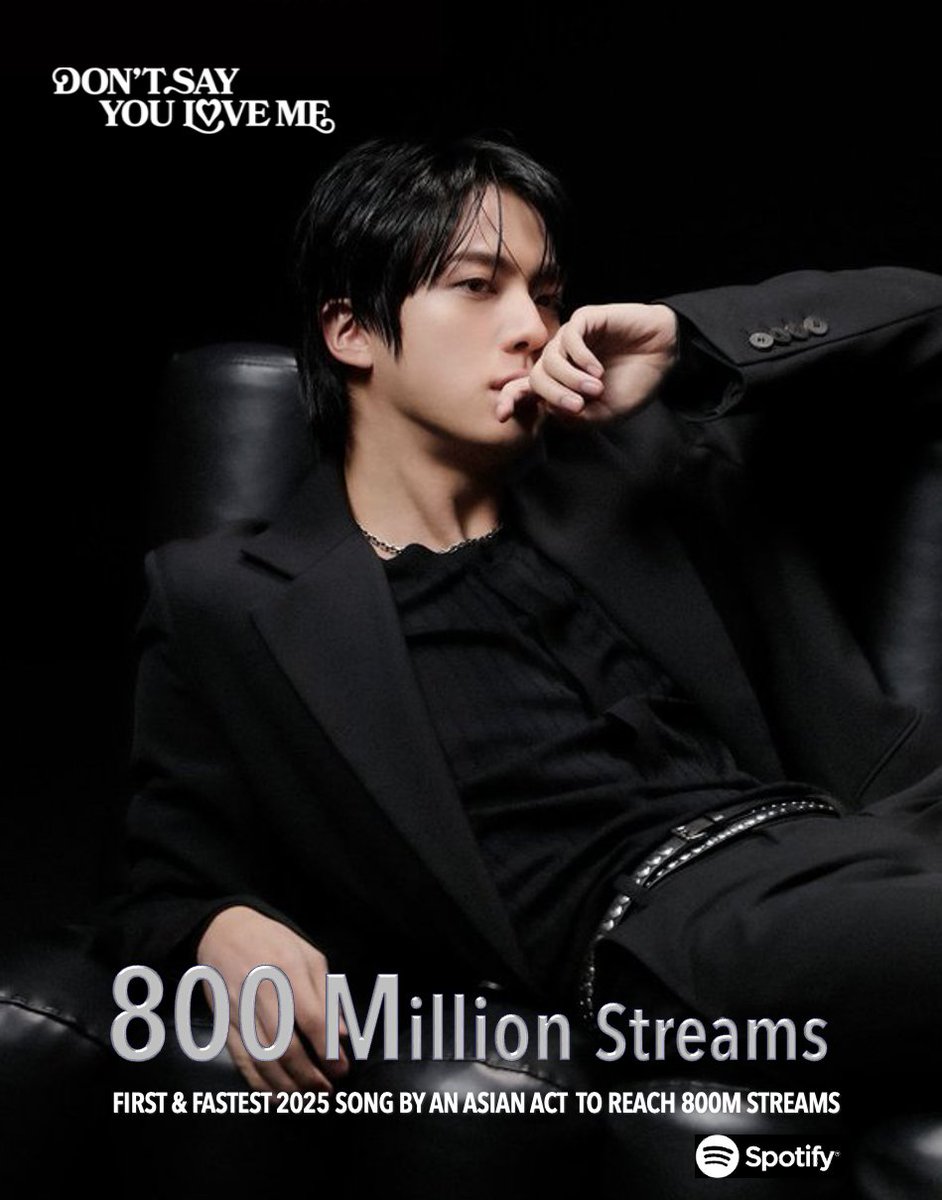#JIN’s "Don’t Say You Love Me" surpasses 800 Million streams on Spotify.  It's the First and Fastest 2025 song by an Asian Act to reach this milestone and JIN's 1st Solo Song! 💪🕺🏻🏆🥇&amp;💨2⃣0⃣2⃣5⃣🎶✖️🌏🧑‍🎤💥8⃣0⃣0⃣Ⓜ️🎧ᯤ🔥👑🖤💜

DSYLM FASTEST 800M 2025 #DontSayYouLoveMe800M