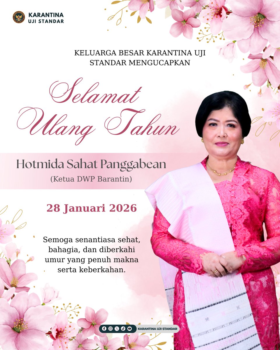 Keluarga Besar Karantina Uji Standar mengucapkan

Selamat Ulang Tahun Ibu Hotmida Sahat Panggabean, Ketua DWP Barantin. 🌹✨

#KarantinaUjiStandar