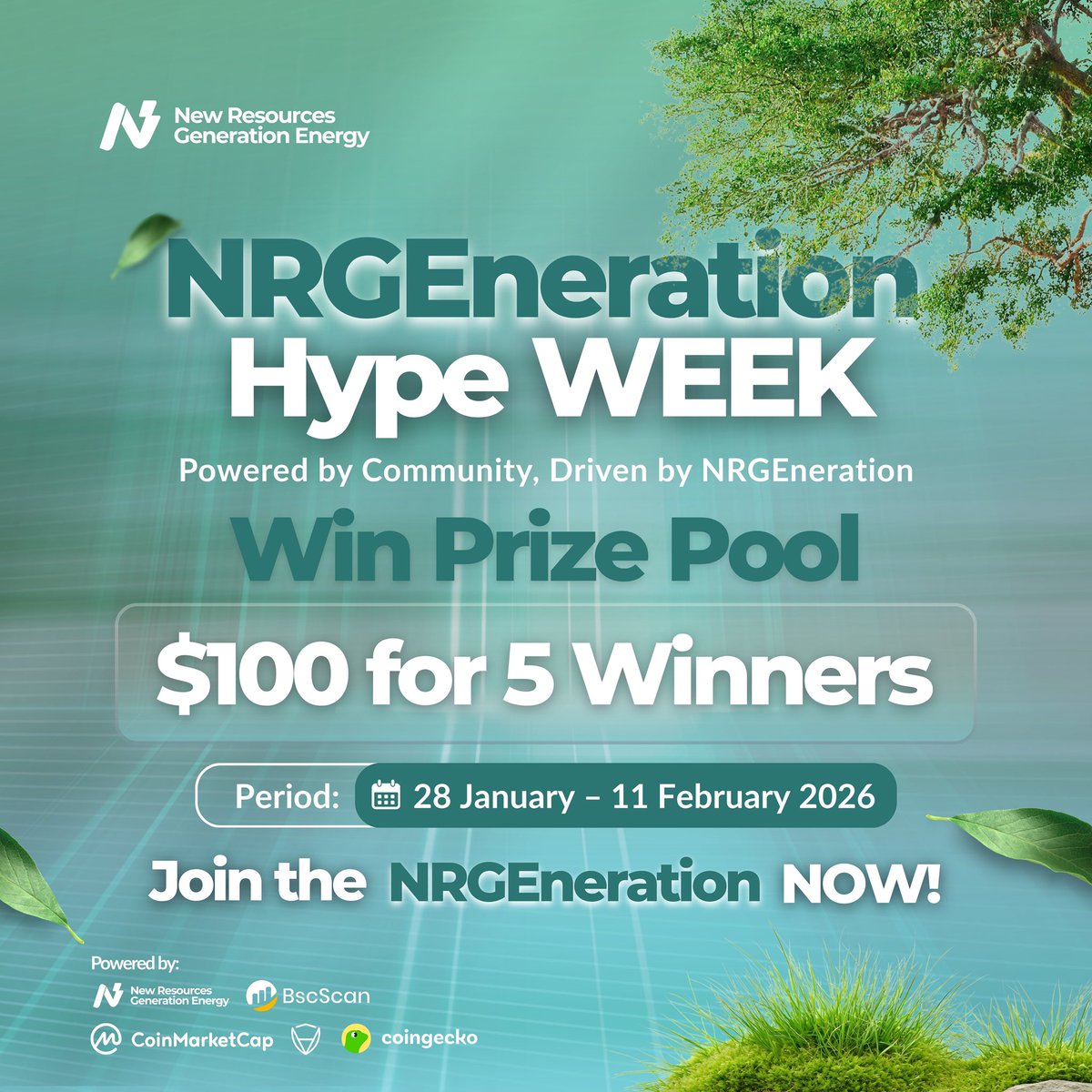 NRGEneration Hype Week is LIVE!

It’s time for the community to show its power 💪
Engage with every NRGE post, light up the timeline, and win from a $100 USDT prize pool.

🗓 28 Jan – 11 Feb 2026 (UTC+7)
🎁 $100 USDT | 5 Winners

How to join:
✅ Follow Social media $NRGE