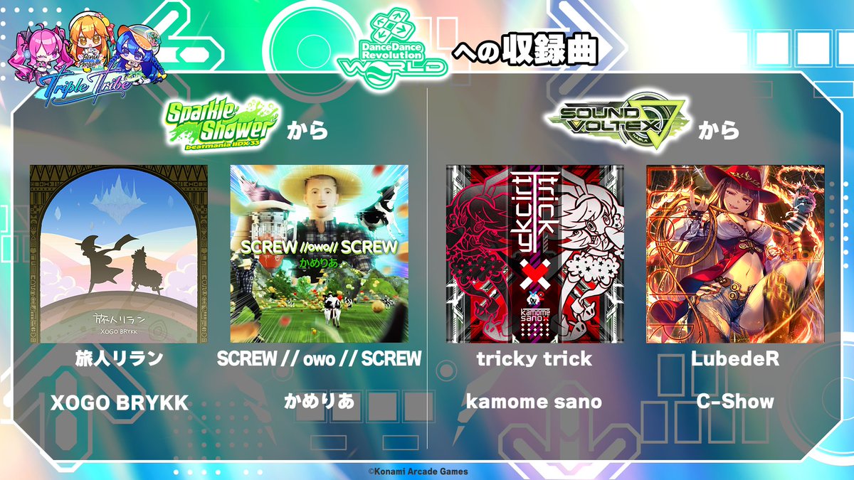⬅⬇⬆➡━━━━━━━━━━━
　　　 #BPLS5 Triple Tribe
　　　DanceDanceRevolution
━━━━━━━━━━━⬅⬇⬆➡

#DDR に収録されるイベント楽曲はこちら💫

🎵旅人リラン / XOGO BRYKK
🎵SCREW // owo // SCREW / かめりあ
🎵tricky trick / kamome sano
🎵LubedeR / C-Show