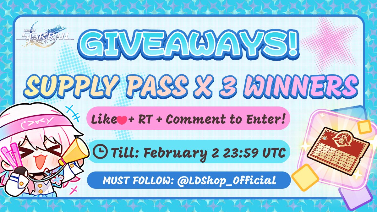 With V4.0 just around the corner, to gear up for the Elation update, we're giving away 3x Supply Pass!

🏆Not a HSR player? You can choose ANY $4.99 item from ANY game we support! ➡️Check out what we support: ldshop.gg/?source=x-hsr-…

⚡️To enter:
1⃣Must FOLLOW <a href="/LDShop_Official/">LDShop.gg</a>