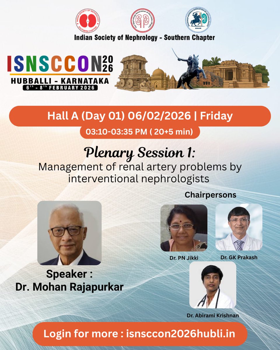 ISNSCOON2026's tweet photo. 9 days to go for #ISNSCCON2026 #Hubballi!!!
The first #PlenarySession on Day 1 will be on 'Management of Renal artery problems by Nephrologists' being delivered by one of India's pioneer #InterventionalNephrologist Dr Rajapurkar
📅: 6th February
⏰️: 3:10- 3:35 P.M https://t.co/DCtCMKDDmd