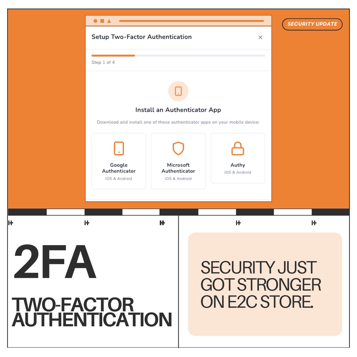 E2cStore's tweet image. Security just got stronger on E2C Store.

Sellers can now enable 2-factor authentication (2FA) using an authenticator app to add an extra layer of protection to their accounts.

#E2CStore #ProductUpdate #Security #2FA #EcommerceSellers